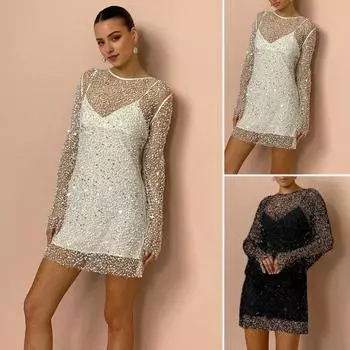 2 шт./компл., комплект женских платьев, прозрачное сетчатое платье с блестками и длинными рукавами, вечернее платье с v-образным вырезом и круглым вырезом S белый