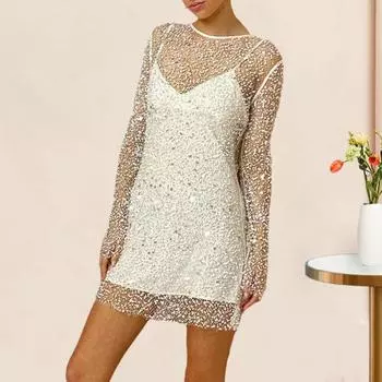 2 шт./компл., комплект женских платьев, прозрачное сетчатое платье с пайетками и длинными рукавами, с круглым вырезом и V-образным вырезом, платье-комбинация, мини-платье для вечеринки и клуба S белый
