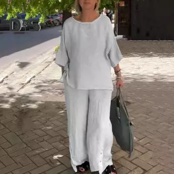 2 шт./компл., комплект женских рубашек и брюк, однотонный топ с круглым вырезом и рукавами три четверти, широкие брюки с эластичной резинкой на талии, свободные брюки, одежда на работу, блузка, комплект брюк L зелёный