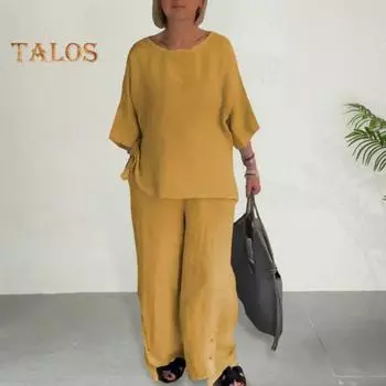 2 шт./компл., комплект женских рубашек и брюк, однотонный топ с круглым вырезом и рукавами три четверти, широкие брюки с эластичной резинкой на талии, свободные брюки, одежда на работу, блузка, комплект брюк L зелёный