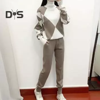 2 шт./компл., комплект женских свитеров и брюк, толстый геометрический принт, высокий воротник, защита шеи, длинный рукав, вязаный эластичный пояс, повседневная зима с ремешками на щиколотке L хаки