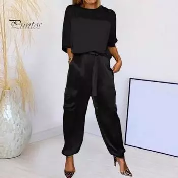 2 шт./компл., комплект женских топов, атласные рукава три четверти, круглый вырез, шнуровка на талии, сплошной цвет, мягкие дышащие повседневные карманы, свободная блузка, комплект брюк M золотистый