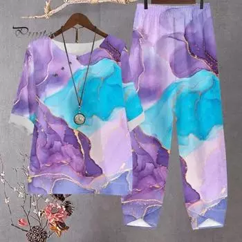 2 шт./компл., комплект женских топов и брюк с принтом и круглым вырезом, свободные пуговицы, декор, соответствующий цвету, половина рукава, ретро, эластичная талия, широкая мягкая дышащая повседневная футболка S жёлтый/зелёный