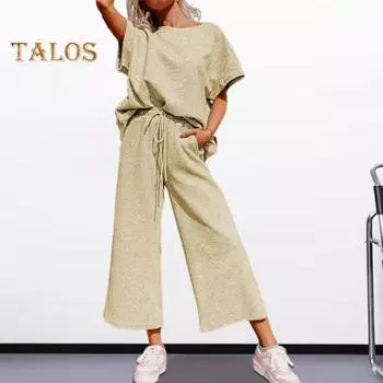 2 шт./компл., комплект женских топов и брюк с короткими рукавами и круглым вырезом, сплошной цвет, эластичный шнурок с широкой талией, свободные боковые карманы, повседневные верхние брюки из двух частей L чёрный