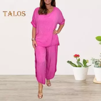 2 шт./компл., комплект женских топов и брюк с круглым вырезом и короткими рукавами, свободные однотонные дышащие мягкие широкие брюки, повседневная домашняя одежда, комплект из двух частей, спортивная футболка, брюки 3XL розы красного