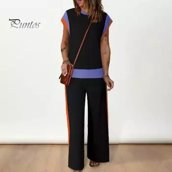 2 шт./компл., комплект женских топов, тонкие свободные футболки без рукавов с круглым вырезом и круглым вырезом, широкие брюки соответствующего цвета, повседневная повседневная спортивная одежда, женская одежда S верблюд