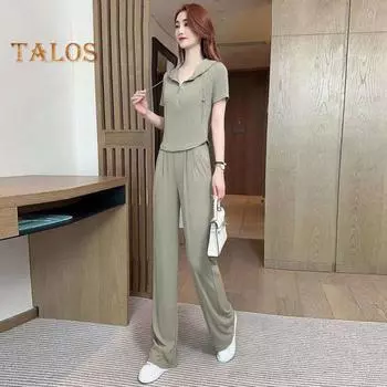 2 шт./компл., комплект женских топов, тонкие толстовки с короткими рукавами и капюшоном, прямые широкие штаны, однотонные брюки с высокой эластичной резинкой на талии, повседневный повседневный спортивный наряд L хаки