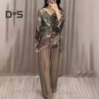 2 шт./компл., комплект женских верхних брюк, мраморный принт, V-образный вырез, длинные рукава, однобортная блузка, широкие плиссированные свободные брюки, повседневная домашняя одежда, одежда для путешествий S