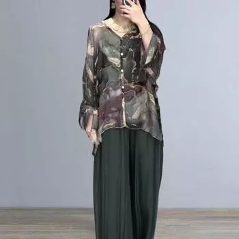 2 шт./компл., комплект женских верхних брюк, мраморный принт, V-образный вырез, длинные рукава, однобортная блузка, широкие плиссированные свободные брюки, повседневная домашняя одежда, одежда для путешествий S