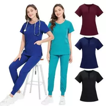 2 шт./компл., комплект женской больничной формы, комплект с круглым вырезом и короткими рукавами, карманами, топы с эластичной резинкой на талии, комплект штанов для бега, быстросохнущий больничный стоматологический костюм медсестры 2XL чёрный
