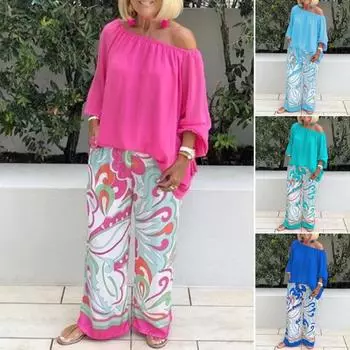 2 шт./компл. комплект женской одежды, однотонный топ, свободная женская блузка со средней талией и широкими штанинами, комплект брюк 2XL темно-синий