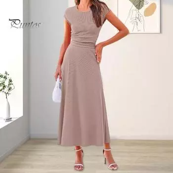 2 шт./компл., комплект женской верхней юбки, трикотажные летящие рукава, сплошной цвет, эластичный круглый вырез с высокой талией, повседневная плиссированная юбка трапециевидной формы длиной до щиколотки, OL Commute L зелёный