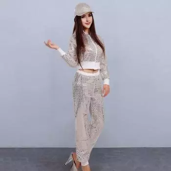 2 шт./компл. костюм для выступлений для взрослых, унисекс, блестящее пальто с пайетками, комплект брюк, с капюшоном, на молнии, с эластичной резинкой на талии, с длинными рукавами XL жёлтый