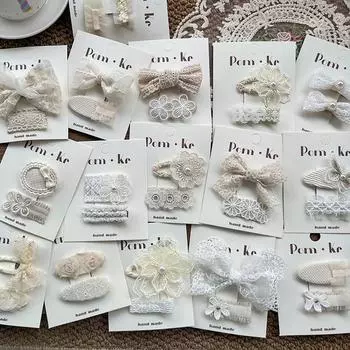 2 шт./компл. кружевная заколка для волос принцессы для девочек, милая бежево-белая цветочная заколка для волос с бантом для детей, женские аксессуары для волос