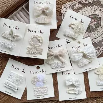 2 шт./компл. кружевная заколка для волос принцессы для девочек, милая бежево-белая цветочная заколка для волос с бантом для детей, женские аксессуары для волос