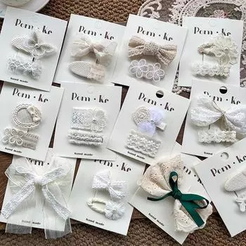 2 шт./компл. кружевная заколка для волос принцессы для девочек, милая бежево-белая цветочная заколка для волос с бантом для детей, женские аксессуары для волос