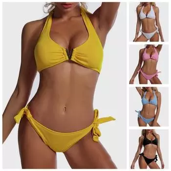 2 шт./компл. купальный костюм, однотонный мягкий купальник с открытой спиной, простой пляжный бикини