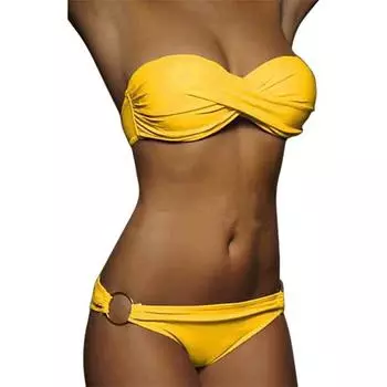 2 шт./компл. летнее бикини сплошной цвет пуш-ап без бретелек простой женский купальник для пляжа XL жёлтый