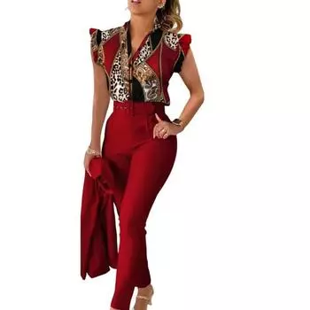 2 шт./компл. летние наряды с v-образным вырезом на пуговицах и высокой талией с рюшами на рукавах и принтом, повседневная одежда, одинаковый пояс M