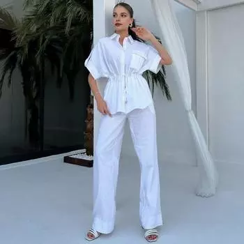 2 шт./компл., летняя женская рубашка и брюки, комплект в стиле карго, с короткими рукавами и лацканами, на пуговицах, на шнурке, блузка L темно-синий