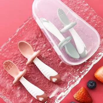 2 шт./компл., ложка, вилка, круглая головка, дизайн, противоскользящий пищевой материал, детский набор ложек и вилок для домашнего использования светло-зеленый