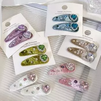 2 шт./компл., милая заколка для волос для девочек, модная заколка для волос Y2K Love со стразами для детей, бархатная заколка с челкой для девочек, боковой зажим, детские головные уборы синий