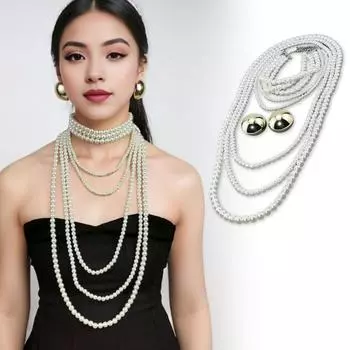 2 шт./компл. многослойное дизайнерское ожерелье, круглые женские серьги-гвоздики, комплект преувеличенного свадебного ожерелья из искусственного жемчуга белый