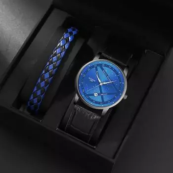 2 шт./компл., модные мужские деловые кварцевые наручные часы с кожаным ремешком из искусственной кожи и набор браслетов, лучшие подарки для него