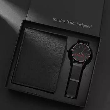 2 шт./компл., модные мужские деловые кварцевые часы и кошелек с сетчатым ремешком из нержавеющей стали, подарок на фестиваль