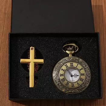 2 шт./компл., модные мужские медные карманные часы в стиле ретро с ожерельем и 1 шт., мужские винтажные классические золотые крестики с подвеской в виде ожерелья, идеальный выбор для подарков