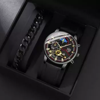 2 шт./компл., модные мужские повседневные кварцевые часы с ремешком из искусственной кожи и мужской браслет, подарки на день отца