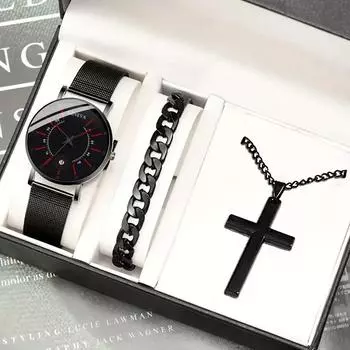 2 шт./компл. модные мужские повседневные сетчатые ремешки из нержавеющей стали, кварцевые наручные часы и браслет, комплект ожерелья, подарки на день отца