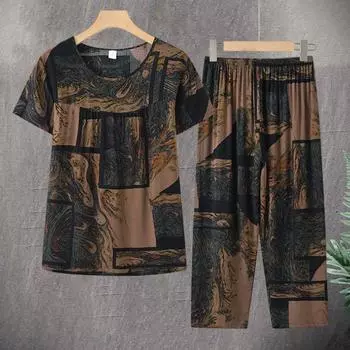 2 шт./компл., модный костюм-двойка, футболка среднего возраста, комплект брюк, комплект с круглым вырезом, красочный цветочный принт, ночная одежда среднего возраста для сна 4XL