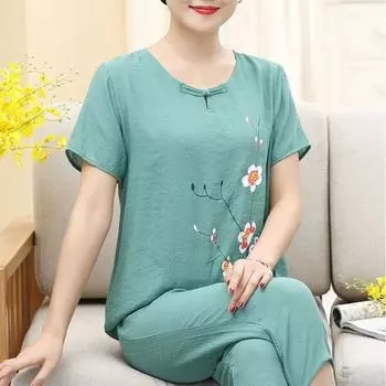 2 шт./компл., модный летний женский комплект, дышащий свободный комплект с короткими рукавами и эластичной резинкой на талии, летний пижамный комплект, повседневная одежда для мамы 2XL темно-зеленого
