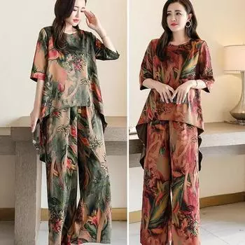 2 шт./компл., модный свободный летний наряд, эластичный пояс, винтажная футболка с принтом, комплект длинных брюк 4XL красный