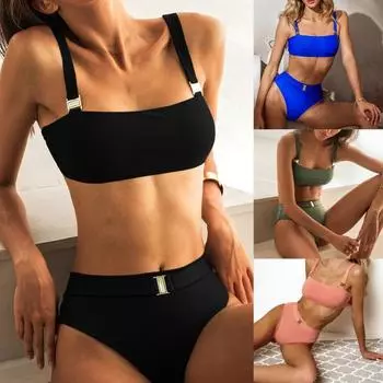 2 шт./компл. мягкий купальник, облегающий комплект бикини с металлической пряжкой и ремешком для плавания S чёрный