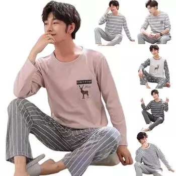 2 шт./компл., мужская домашняя одежда, прямые, широкие, теплые, эластичные, с простым полосатым принтом, мужские мягкие осенние пижамные комплекты, повседневная одежда M