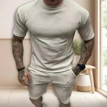 2 шт./компл., мужская летняя одежда, футболка с коротким рукавом и эластичным шнурком на талии, широкие шорты, комплект, однотонная спортивная одежда M королевский синий