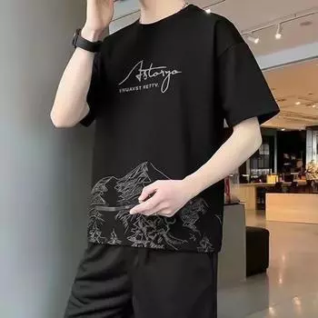 2 шт./компл., мужская летняя одежда, футболка с коротким рукавом и круглым вырезом, эластичная талия, регулируемые спортивные штаны на шнурке, комплект для фитнеса, бега, путешествий M