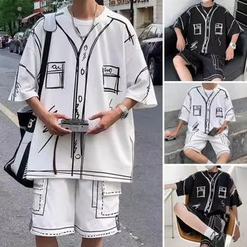 2 шт./компл., мужская летняя одежда, футболка с короткими рукавами и круглым вырезом, эластичная талия, широкие шорты, свободный комплект с принтом граффити L белый