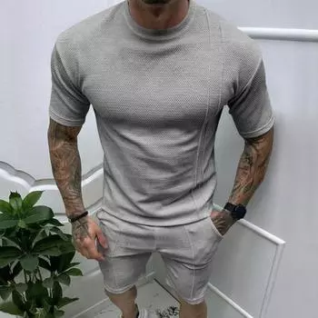 2 шт./компл., мужская летняя одежда, футболка с коротким рукавом и эластичным шнурком на талии, широкие шорты, комплект, однотонная спортивная одежда M хаки