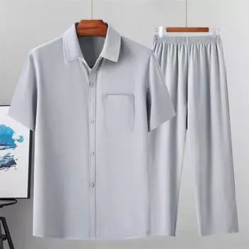 2 шт./компл., мужская летняя одежда, однобортная рубашка с отворотом и коротким рукавом, эластичная талия, прямые широкие длинные брюки, комплект, однотонный повседневный наряд M темно-серого
