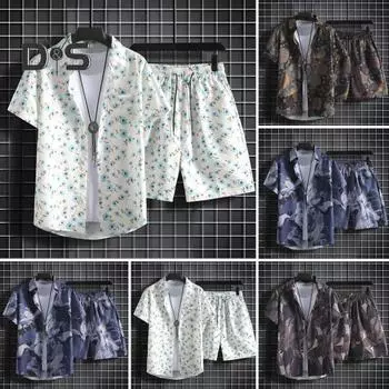 2 шт./компл., мужская летняя одежда, рубашка с короткими рукавами и лацканами, эластичная резинка на талии, карманы, широкие шорты, комплект, повседневная одежда с гавайским принтом L синий