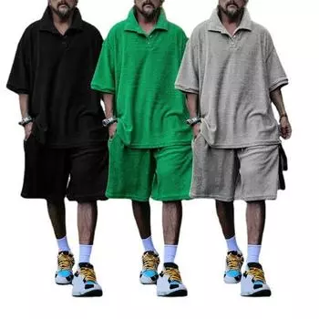2 шт./компл., мужская летняя одежда, рубашка с короткими рукавами и лацканами, шорты с широкими штанинами и широкими карманами, однотонный свободный комплект 2XL зелёный