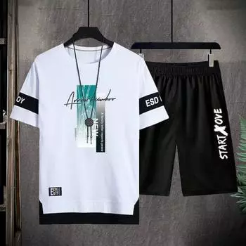 2 шт./компл., мужская летняя одежда с круглым вырезом, коротким рукавом, футболка с буквенным принтом, эластичная талия, широкие шорты, комплект, повседневный спортивный костюм M зелёный