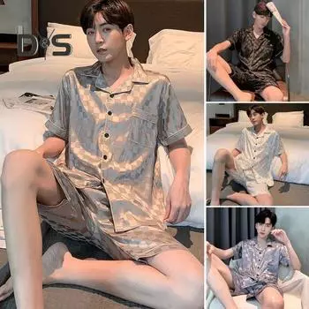 2 шт./компл., мужская летняя повседневная одежда, рубашка с короткими рукавами и лацканами, эластичные карманы на талии, широкие шорты, комплект, однобортная одежда для сна в клетку с принтом L серый