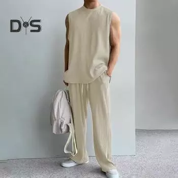 2 шт./компл., мужская летняя повседневная одежда, топы без рукавов с круглым вырезом, эластичная резинка на талии, широкие длинные брюки, комплект, сплошной цвет, повседневная одежда M чёрный