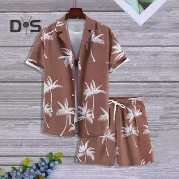 2 шт./компл., мужская летняя повседневная одежда, однобортная рубашка с отворотом и коротким рукавом, эластичная резинка на талии, широкие шорты, комплект с принтом кокосовой пальмы, Гавайи S чёрный