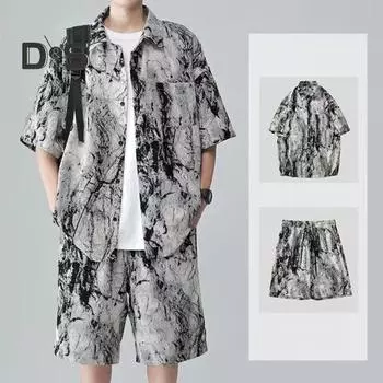 2 шт./компл., мужская летняя повседневная одежда, однобортная рубашка с отворотом и коротким рукавом, эластичная резинка на талии, широкие шорты, комплект, наряд с принтом тай-дай M черный белый