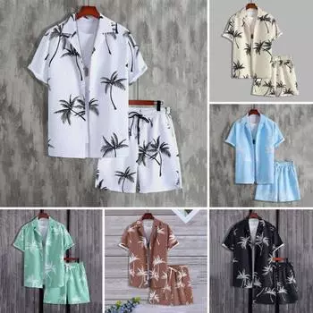 2 шт./компл., мужская летняя повседневная одежда, однобортная рубашка с лацканами и короткими рукавами, комплект широких шорт с эластичным шнурком на талии L светло-синий